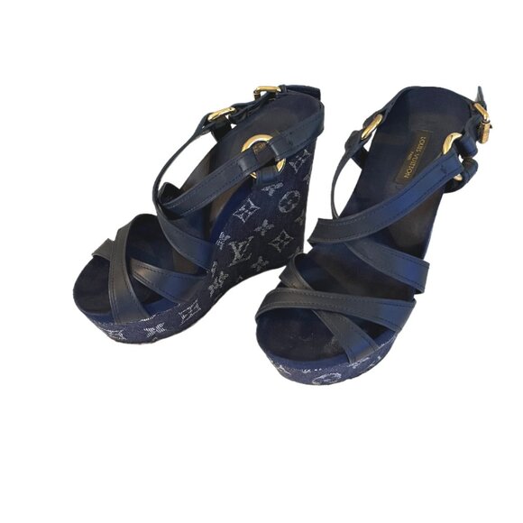 Louis Vuitton Navy Blue LV Monogram Denim & Leather Wedge Sandals Size 36/US 6 - Picture 5 of 13
